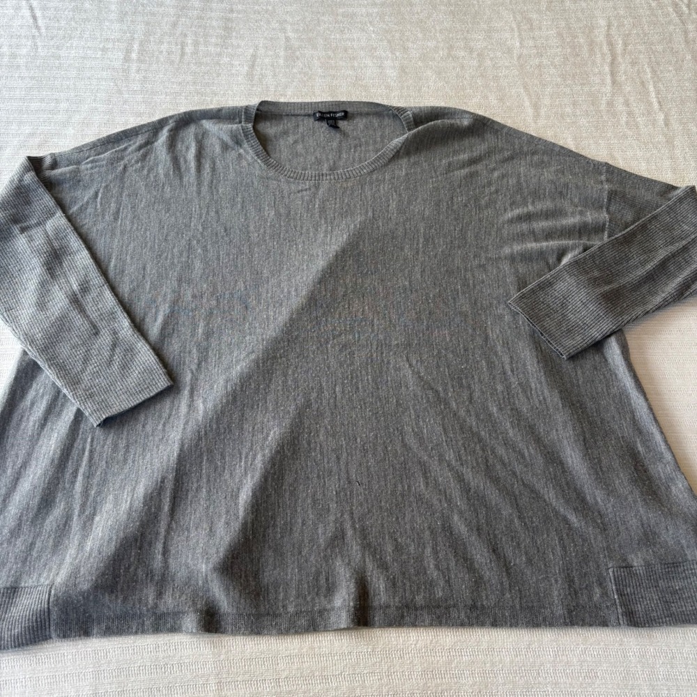 Eileen Fisher Grey 100% Merino Wool Boxy Oversized Sweater Large F5MU - Picture 2 of 9